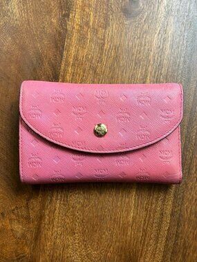 MCM Calfskin Monogram Tri-Fold Wallet, Pink